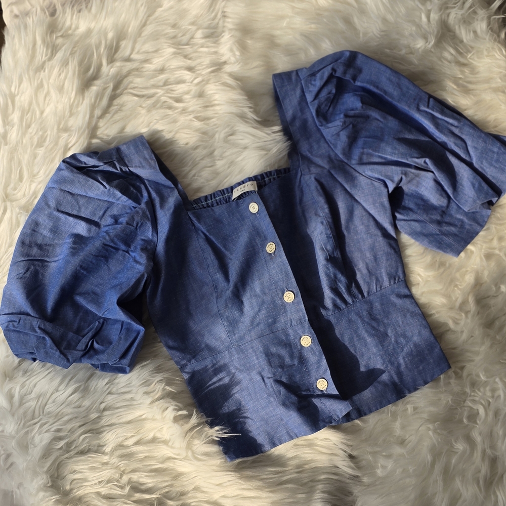 Blue Puff Sleeve Button-Up Top